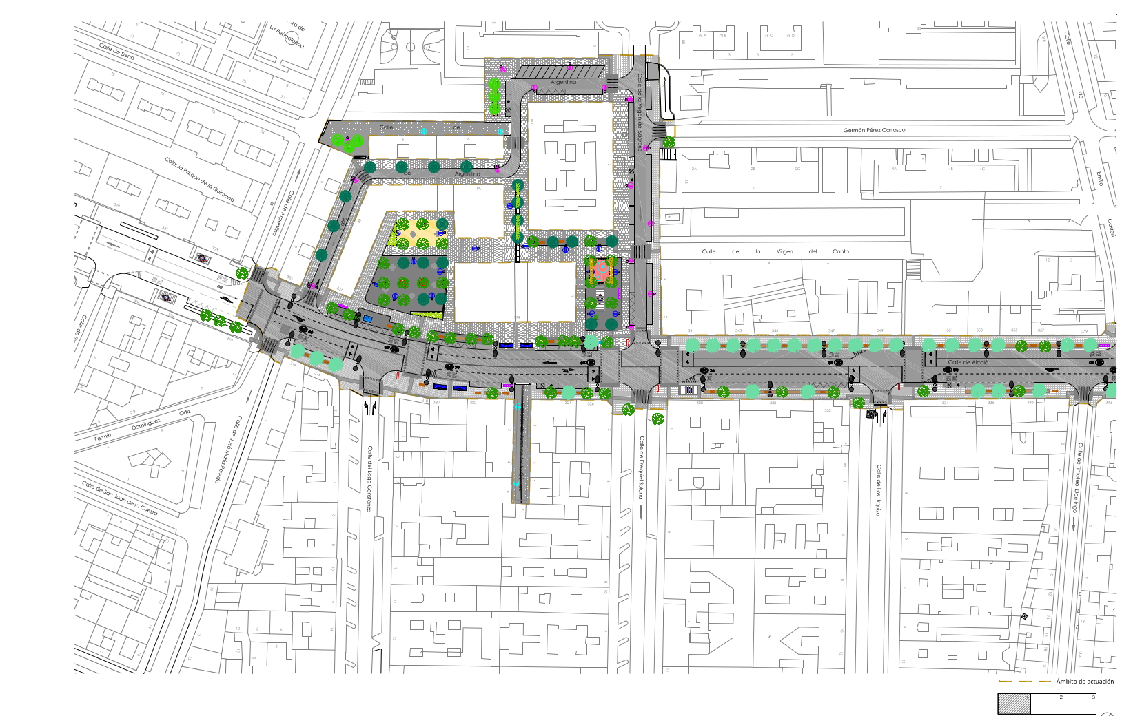 Plano de la zona que comprenderá la reforma de la calle de Alcalá y que abarcará el tramo comprendido entre la calle de Argentina y la plaza de Ciudad Lineal
